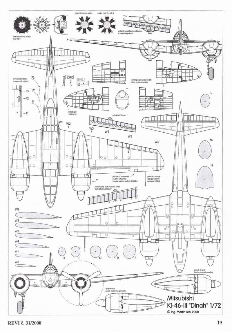 Виды сверху, снизу, спереди, сзади общие и местные виды на агрегаты, а также сечения агрегатов самолета Мицубиси Ki-46-III, (штабной разведывательный / ударный самолет, армейский тип 100)